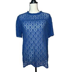 Loft Crochet Lace Blue Short Sleeve Top Women's Large Nylon Cotton Rayon Blend